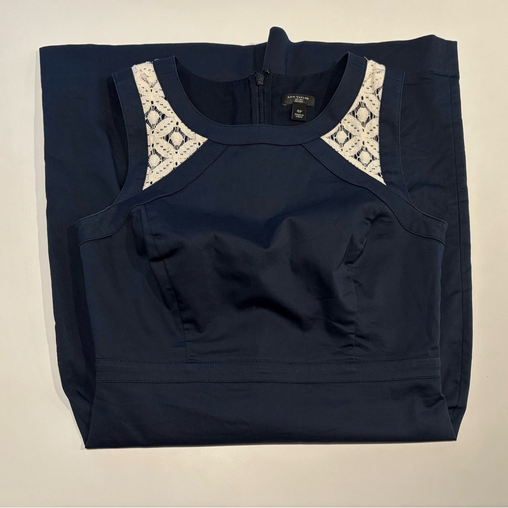 Ann Taylor | 4P Petite | Navy Sleeveless Dress with White Accents